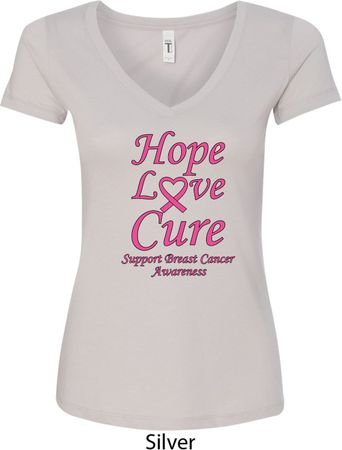 Ladies Breast Cancer Tee Hope Love Cure V-Neck