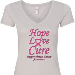 Ladies Breast Cancer Tee Hope Love Cure V-Neck