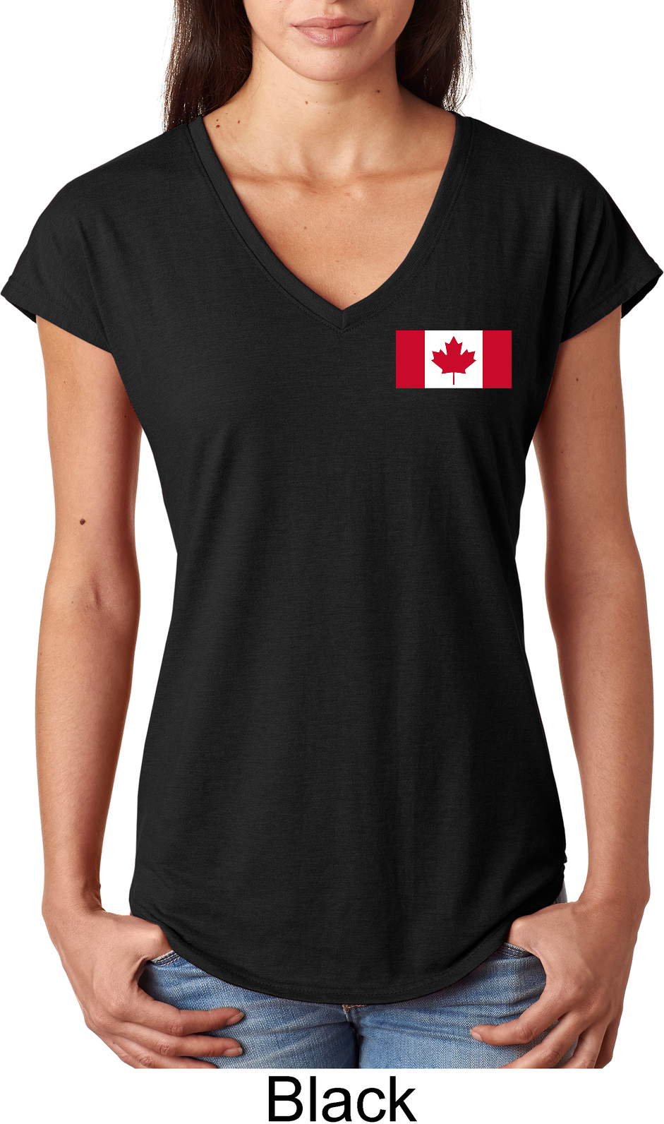 Ladies Canada Tee Canadian Flag Pocket Print Tri Blend Vneck