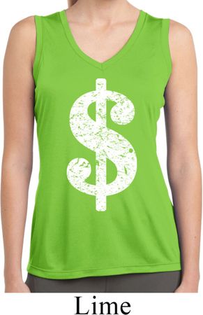 Ladies Distressed Dollar Sign Sleeveless Moisture Wicking Tee T-Shirt