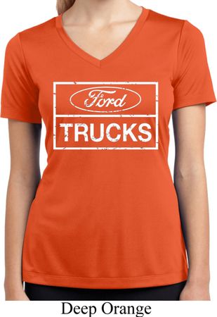 Ladies Distressed Ford Trucks Moisture Wicking V-neck Shirt
