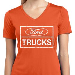 Ladies Distressed Ford Trucks Moisture Wicking V-neck Shirt