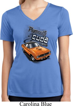 Ladies Dodge 1970 Plymouth Hemi Cuda Moisture Wicking V-neck Shirt