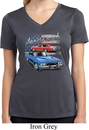 Ladies Dodge American Muscle Blue and Red Moisture Wicking Vneck Shirt