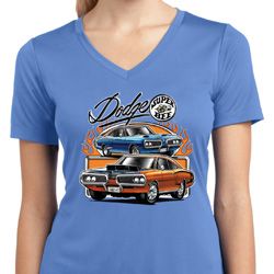 Ladies Dodge Blue and Orange Super Bee Dry Wicking V-neck