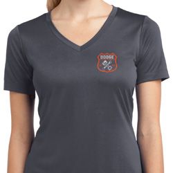 Ladies Dodge Garage Pocket Print Moisture Wicking V-neck Shirt