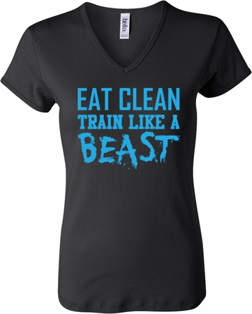 Ladies Fitness Shirt Eat Clean Train Like a Beast V-neck Tee T-Shirt