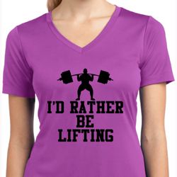 Ladies Fitness Shirt I Rather Be Lifting Moisture Wicking V-neck Tee Ladies Fitness Shirt I Rather Be Lifting Moisture Wicking V-neck Tee