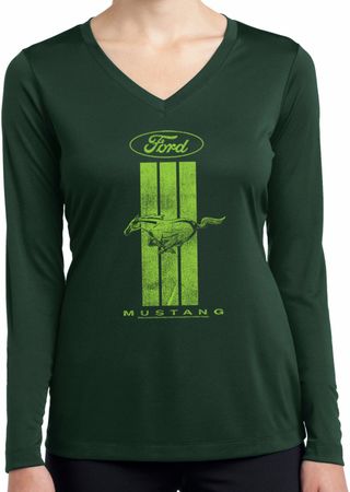 Ladies Ford Green Mustang Stripe Dry Wicking Long Sleeve
