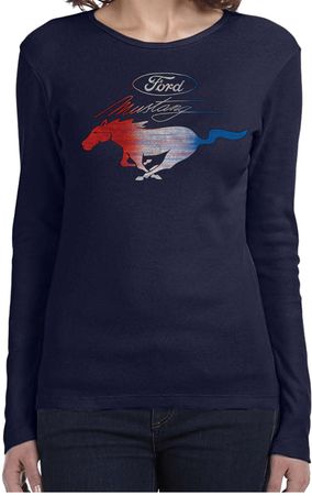 Ladies Ford Mustang Red White and Blue Long Sleeve