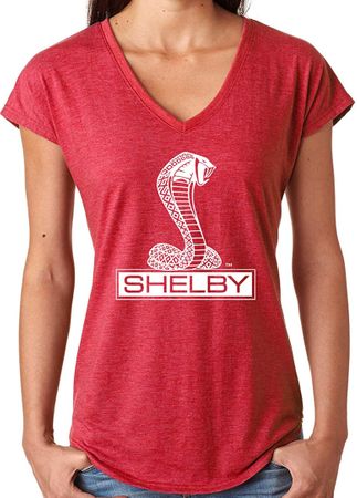Ladies Ford Mustang Shelby Triblend V-neck - Heather Red