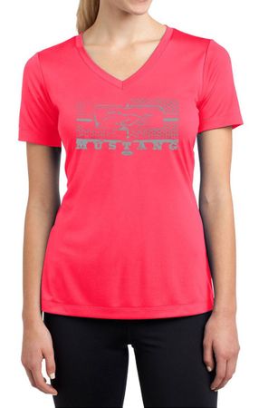 Ladies Ford Mustang Shirt Honeycomb Grille Moisture Wicking V-neck Tee