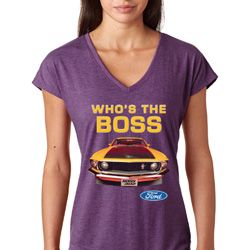 Ladies Ford Shirt Mustang Who's The Boss Tri Blend V-Neck Shirt Ladies Ford Shirt Mustang Who's The Boss Tri Blend V-Neck Shirt