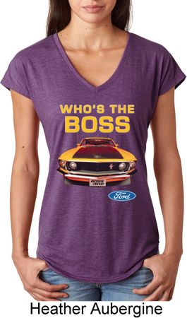 Ladies Ford Shirt Mustang Who's The Boss Tri Blend V-Neck Shirt