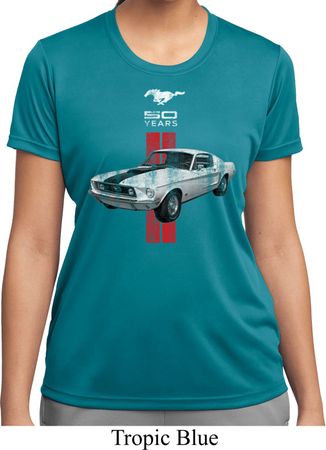 Ladies Ford Shirt Red Stripe Mustang 50 Years Moisture Wicking Tee