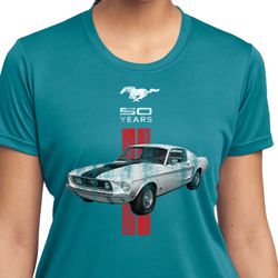 Ladies Ford Shirt Red Stripe Mustang 50 Years Moisture Wicking Tee