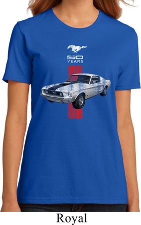 Ladies Ford Shirt Red Stripe Mustang 50 Years Organic Tee T-Shirt