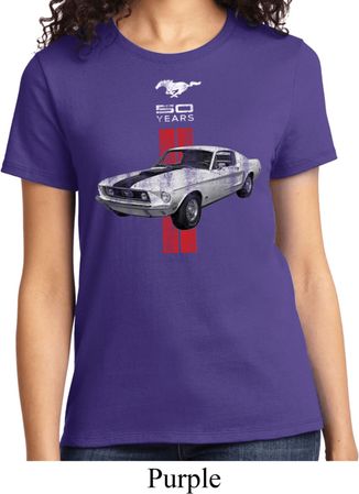 Ladies Ford Shirt Red Stripe Mustang 50 Years Tee T-Shirt