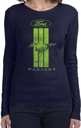 Ladies Ford Tee Green Mustang Stripe Long Sleeve