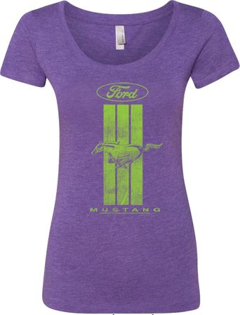 Ladies Ford Tee Green Mustang Stripe Scoop Neck