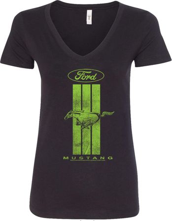 Ladies Ford Tee Green Mustang Stripe V-Neck