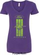 Ladies Ford Tee Green Mustang Stripe V-Neck