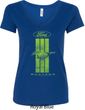 Ladies Ford Tee Green Mustang Stripe V-Neck