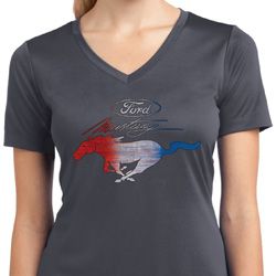 Ladies Ford Tee Mustang Red White and Blue Dry Wicking V-neck