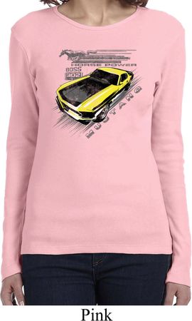 Ladies Ford Vintage Yellow Mustang Boss Long Sleeve Shirt