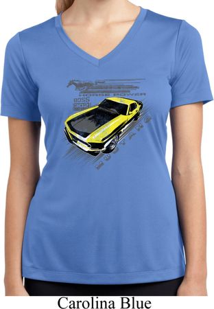 Ladies Ford Vintage Yellow Mustang Boss Moisture Wicking V-neck Shirt