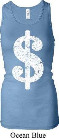 Ladies Funny Tanktop Distressed Dollar Sign Longer Length Racerback