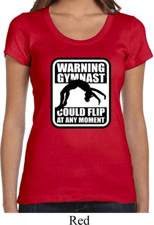 Ladies Gymnastics Shirt Warning Gymnast Could Flip Scoop Neck Tee