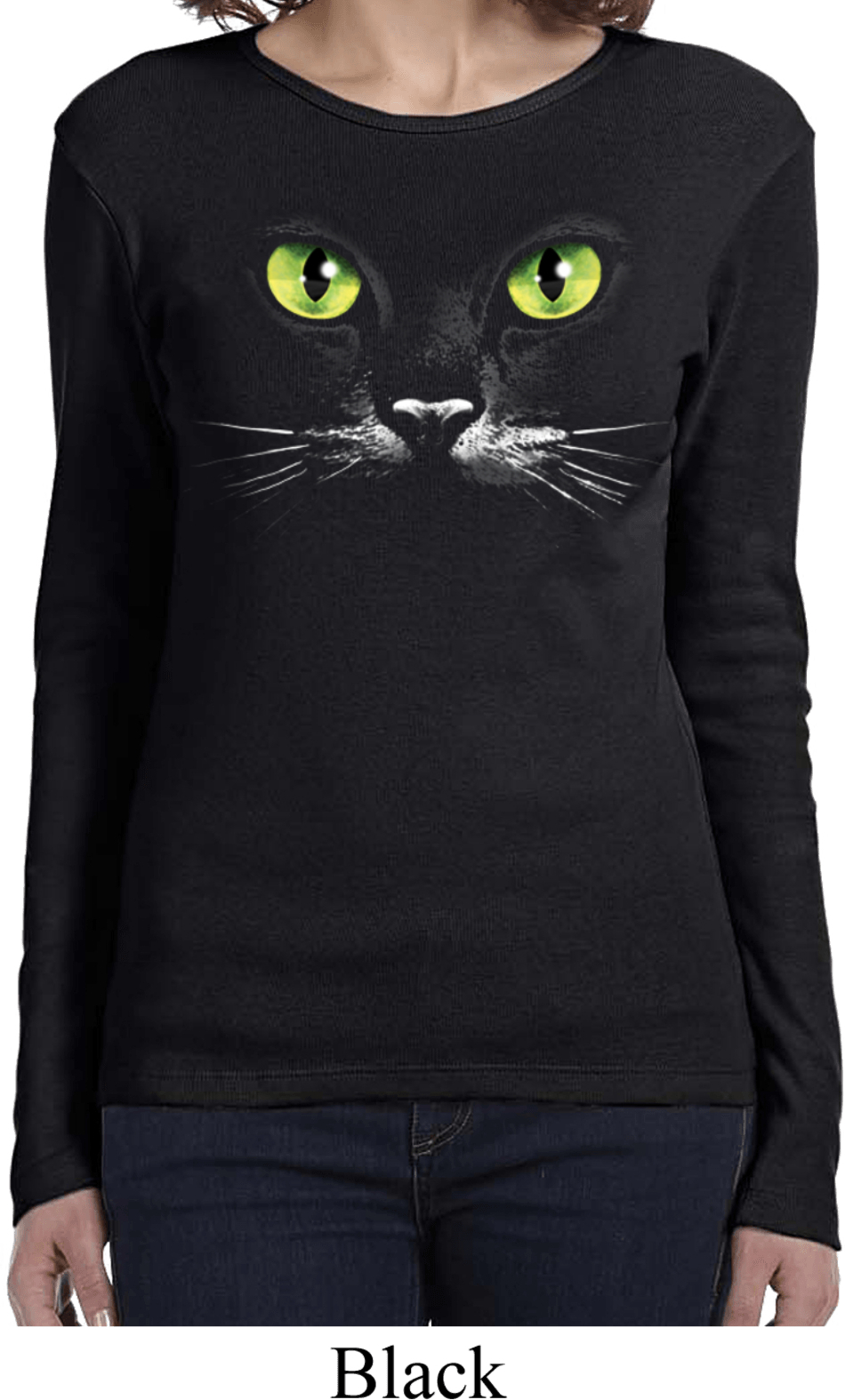 Ladies Halloween Shirt Black Cat Long Sleeve Tee TShirt Black Cat