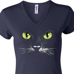 Ladies Halloween Shirt Black Cat V-neck Tee T-Shirt