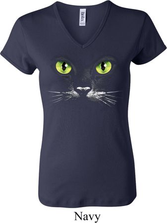 Ladies Halloween Shirt Black Cat V-neck Tee T-Shirt