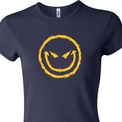 Ladies Halloween Shirt Evil Smiley Face Crewneck Tee T-Shirt Ladies Halloween Shirt Evil Smiley Face Crewneck Tee T-Shirt