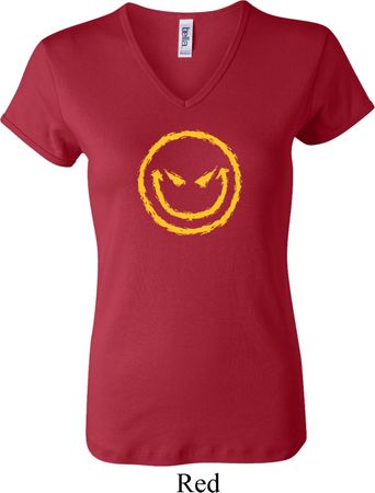 Ladies Halloween Shirt Evil Smiley Face V-neck Tee T-Shirt
