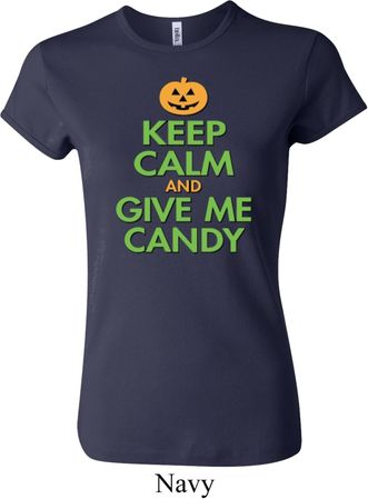 Ladies Halloween Shirt Keep Calm and Give Me Candy Crewneck Tee
