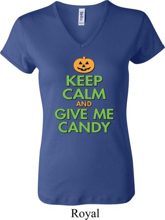 Ladies Halloween Shirt Keep Calm and Give Me Candy V-neck Tee T-Shirt