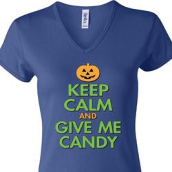 Ladies Halloween Shirt Keep Calm and Give Me Candy V-neck Tee T-Shirt