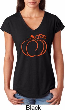 Ladies Halloween Tee Pumpkin Sketch Tri Blend V-neck