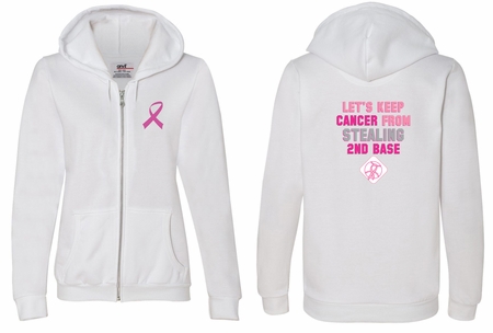 Ladies Hoodie Pink Ribbon 2nd Base Front & Back Print Full Zip Hoody