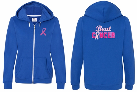 Ladies Hoodie Pink Ribbon Beat Cancer Front & Back Full Zip Hoody