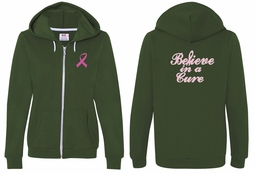Ladies Hoodie Pink Ribbon Believe Front & Back Full Zip Hoody