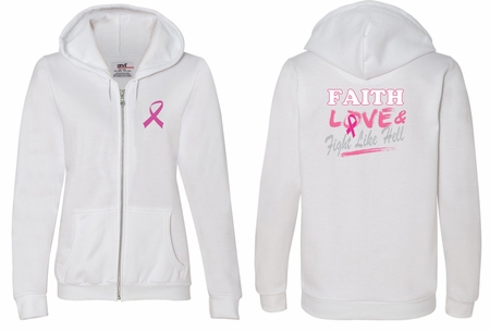 Ladies Hoodie Pink Ribbon Faith Love Fight Front & Back Full Zip Hoody