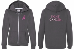 Ladies Hoodie Pink Ribbon Fight Cancer Front & Back Full Zip Hoody