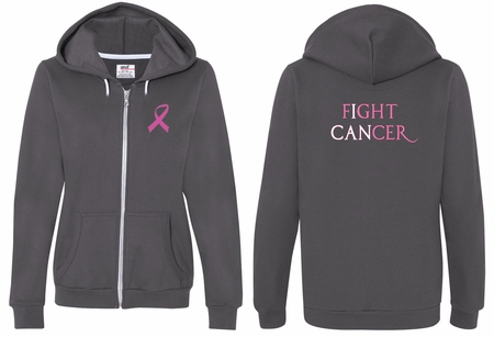 Ladies Hoodie Pink Ribbon Fight Cancer Front & Back Full Zip Hoody