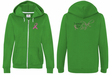 Ladies Hoodie Pink Ribbon For Me Front & Back Print Full Zip Hoody