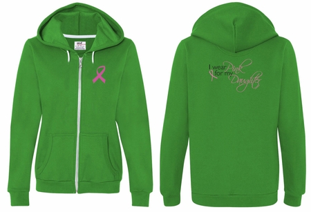 Ladies Hoodie Pink Ribbon For My Daughter Front & Back Full Zip Hoody