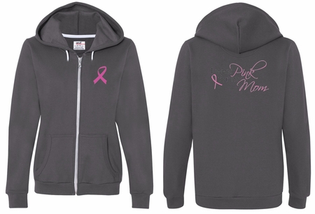 Ladies Hoodie Pink Ribbon For My Mom Front & Back Print Full Zip Hoody